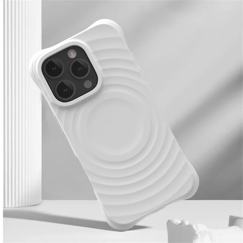 For iPhone 16 Pro Max Magnetic Case Ripple Texture PC+Liquid Silicone Phone Cover Microfiber Lining - Brown