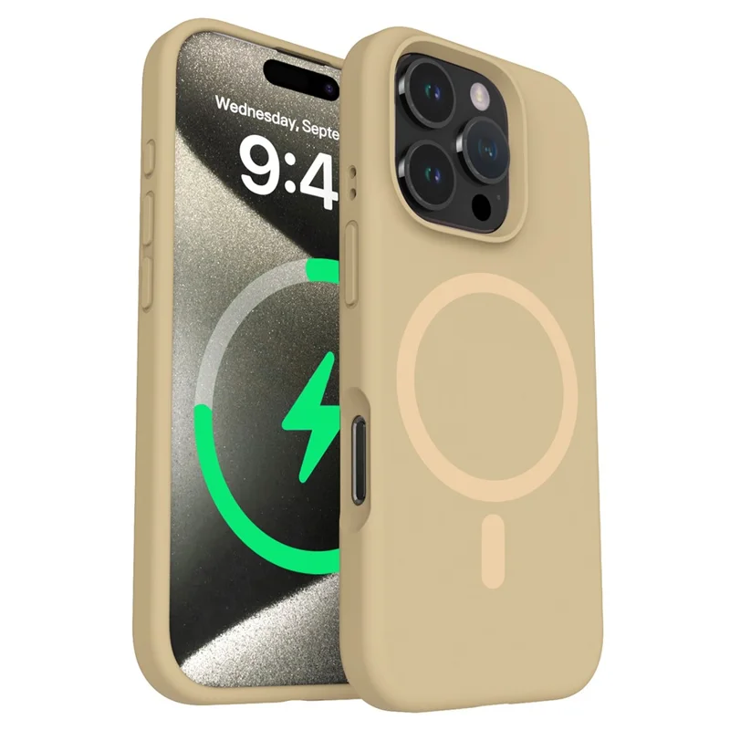 For iPhone 16 Pro Magnetic Case with Microfiber Lining PC+Liquid Silicone Phone Cover - Coffee