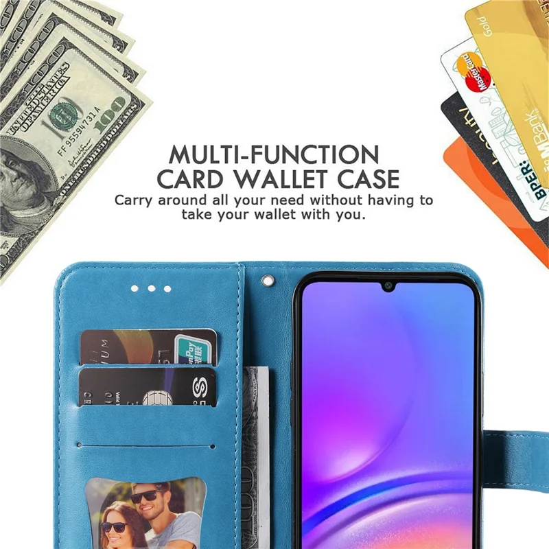For Samsung Galaxy A06 4G Case Floral Pattern PU Leather Wallet Stand Phone Cover - Blue