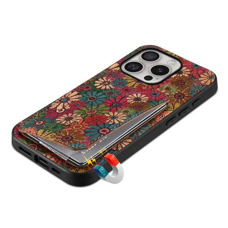 Coque pour iPhone 16 Pro avec porte-cartes Fleurs Design Housse en cuir avec support - Printemps / Vert