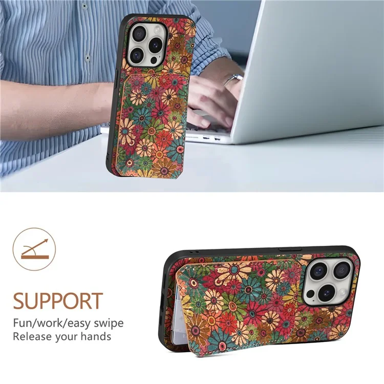 Coque pour iPhone 16 Pro avec porte-cartes Fleurs Design Housse en cuir avec support - Printemps / Vert