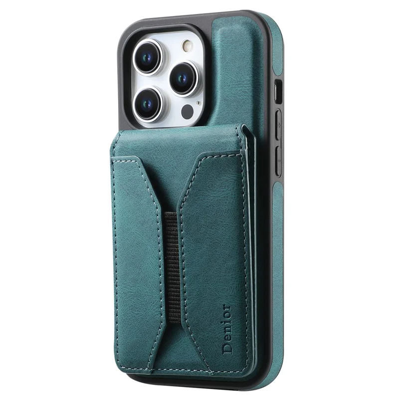 DENIOR D18 For iPhone 15 Pro Max Case Rotary Kickstand Card Bag Leather Back Phone Cover - Blue
