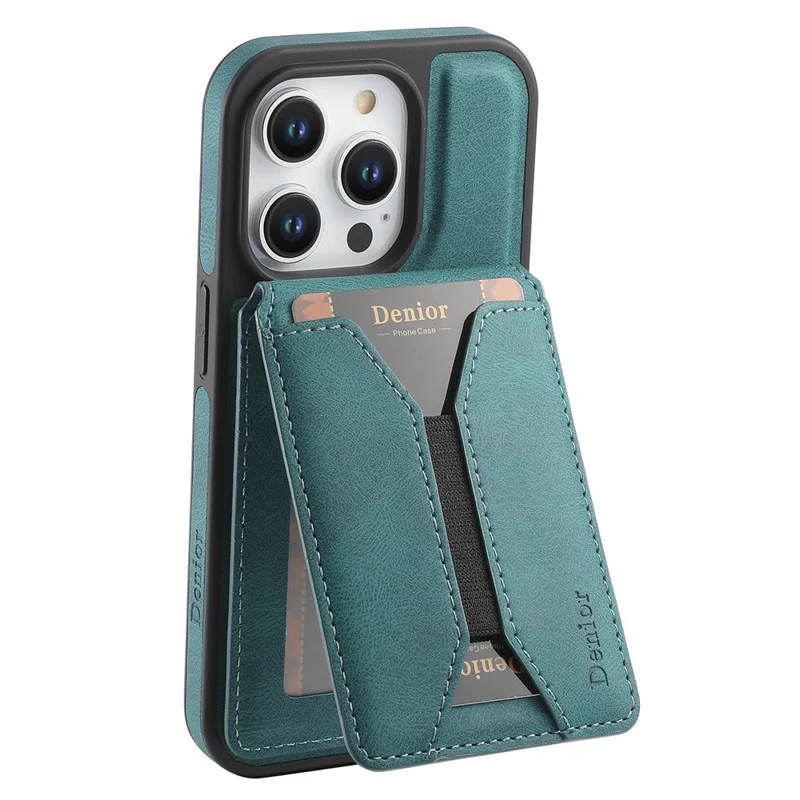 DENIOR D18 For iPhone 15 Pro Max Case Rotary Kickstand Card Bag Leather Back Phone Cover - Blue