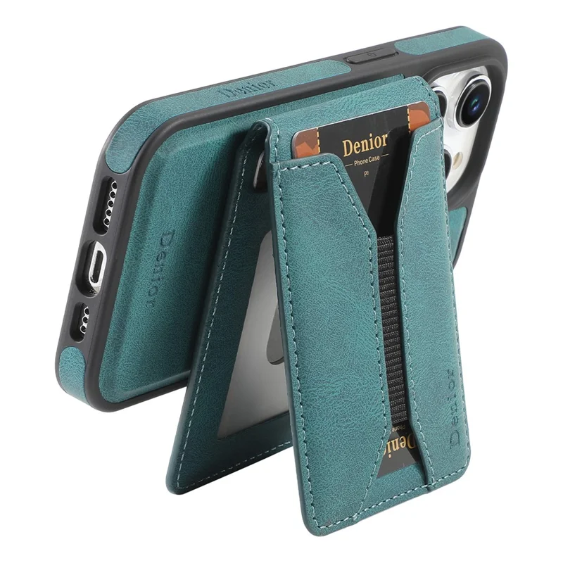 DENIOR D18 For iPhone 15 Pro Max Case Rotary Kickstand Card Bag Leather Back Phone Cover - Blue