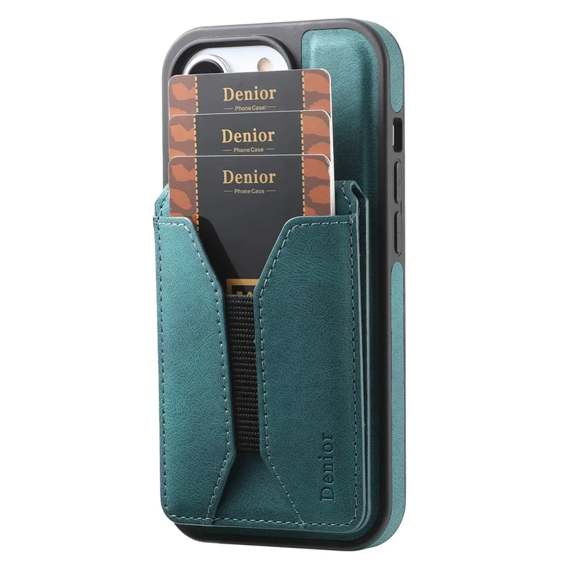 DENIOR D18 For iPhone 15 Pro Max Case Rotary Kickstand Card Bag Leather Back Phone Cover - Blue