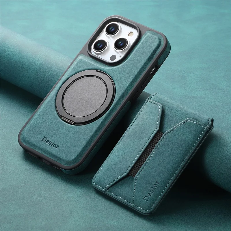 DENIOR D18 For iPhone 15 Pro Max Case Rotary Kickstand Card Bag Leather Back Phone Cover - Blue