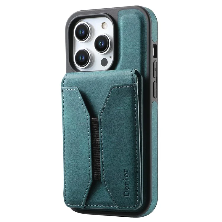 DENIOR D18 Funda para iPhone 15 Pro Anillo Soporte Piel+PC+TPU Funda de Teléfono Portador de Tarjeta - Azul