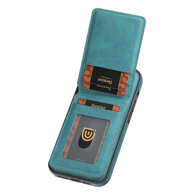 DENIOR D18 Funda para iPhone 15 Pro Anillo Soporte Piel+PC+TPU Funda de Teléfono Portador de Tarjeta - Azul