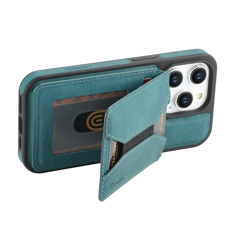 DENIOR D18 Funda para iPhone 15 Pro Anillo Soporte Piel+PC+TPU Funda de Teléfono Portador de Tarjeta - Azul