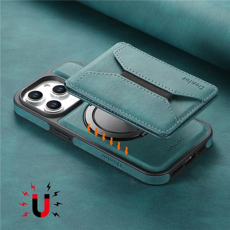 DENIOR D18 Funda para iPhone 15 Pro Anillo Soporte Piel+PC+TPU Funda de Teléfono Portador de Tarjeta - Azul