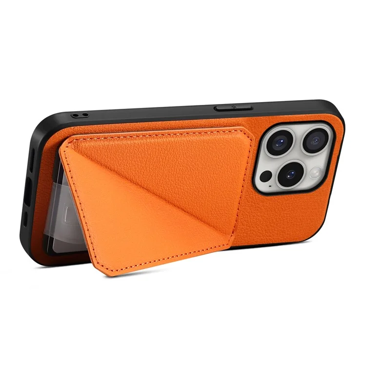 DENIOR D04 For iPhone 16 Pro Max Case Dual Card Slots Kickstand Leather+PC+TPU Cover - Orange