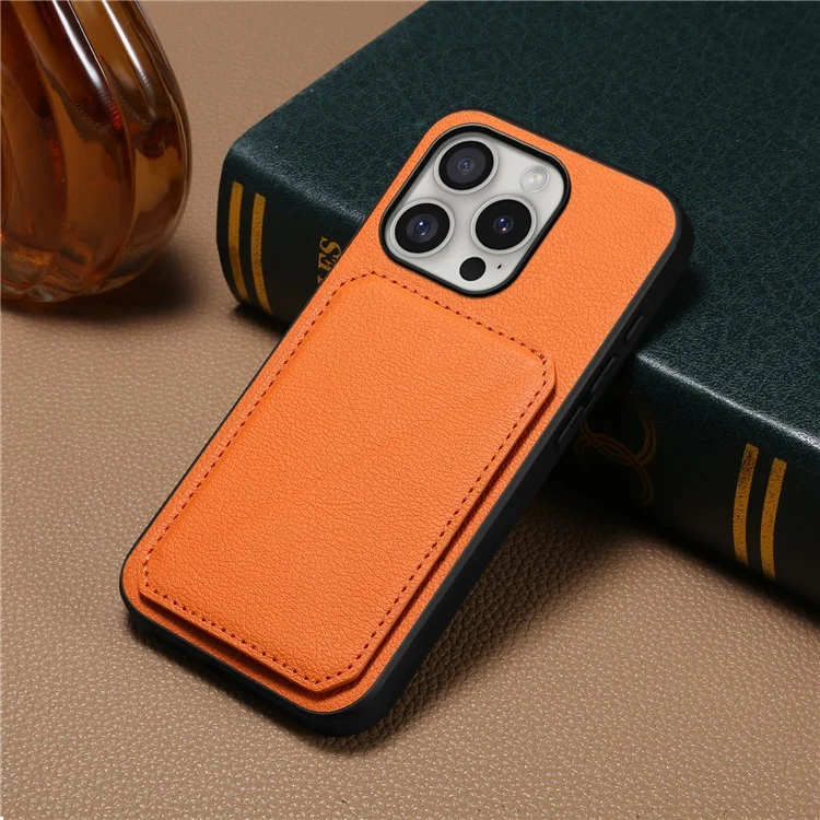DENIOR D04 For iPhone 16 Pro Max Case Dual Card Slots Kickstand Leather+PC+TPU Cover - Orange