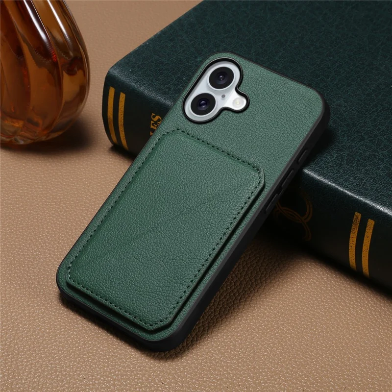 DENIOR D04 For iPhone 16 Plus Case Dual Card Slots Leather Coated PC+TPU Phone Cover - Green