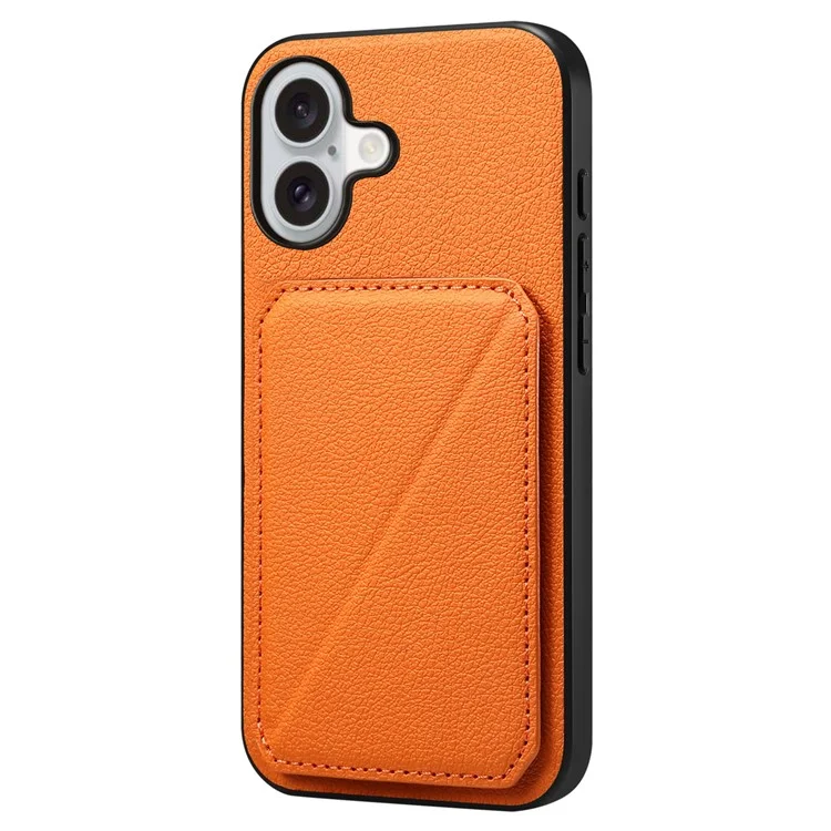 DENIOR D04 Capa para iPhone 16 com slots para cartão, revestimento de couro+PC+TPU e suporte - Laranja