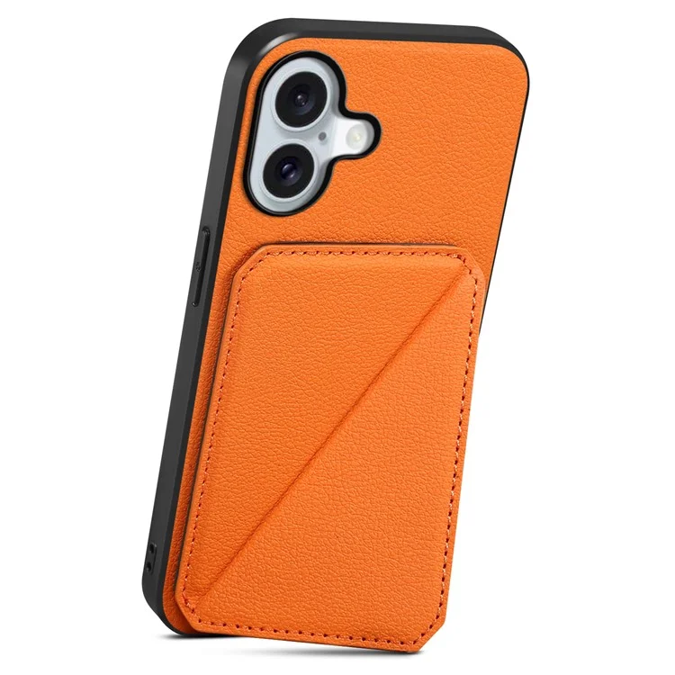 DENIOR D04 Capa para iPhone 16 com slots para cartão, revestimento de couro+PC+TPU e suporte - Laranja