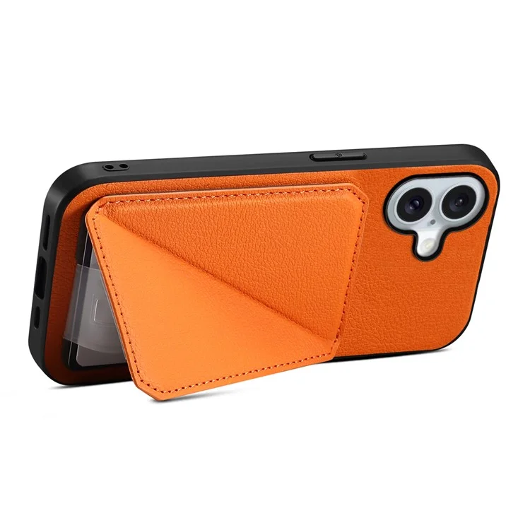 DENIOR D04 Capa para iPhone 16 com slots para cartão, revestimento de couro+PC+TPU e suporte - Laranja