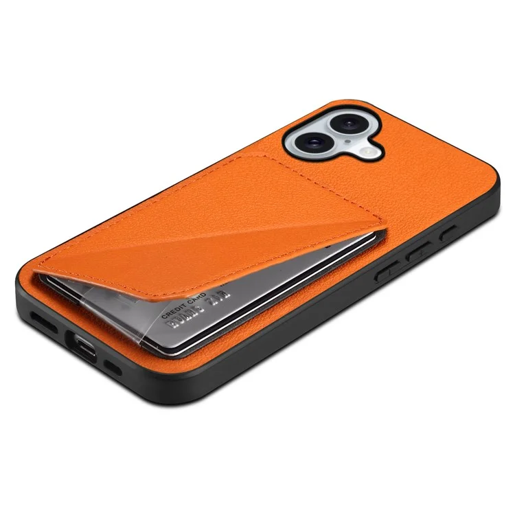 DENIOR D04 Capa para iPhone 16 com slots para cartão, revestimento de couro+PC+TPU e suporte - Laranja
