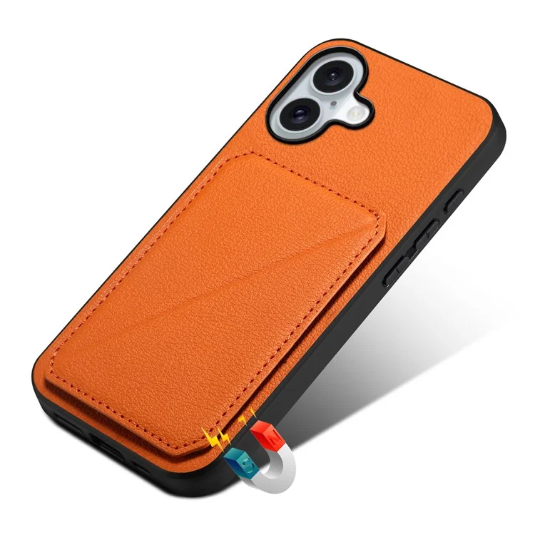 DENIOR D04 Capa para iPhone 16 com slots para cartão, revestimento de couro+PC+TPU e suporte - Laranja