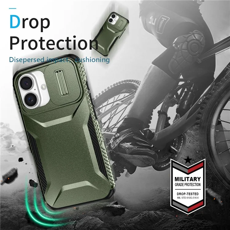 For iPhone 16 Plus Case TPU+PC Slide Lens Protection Phone Cover - Green