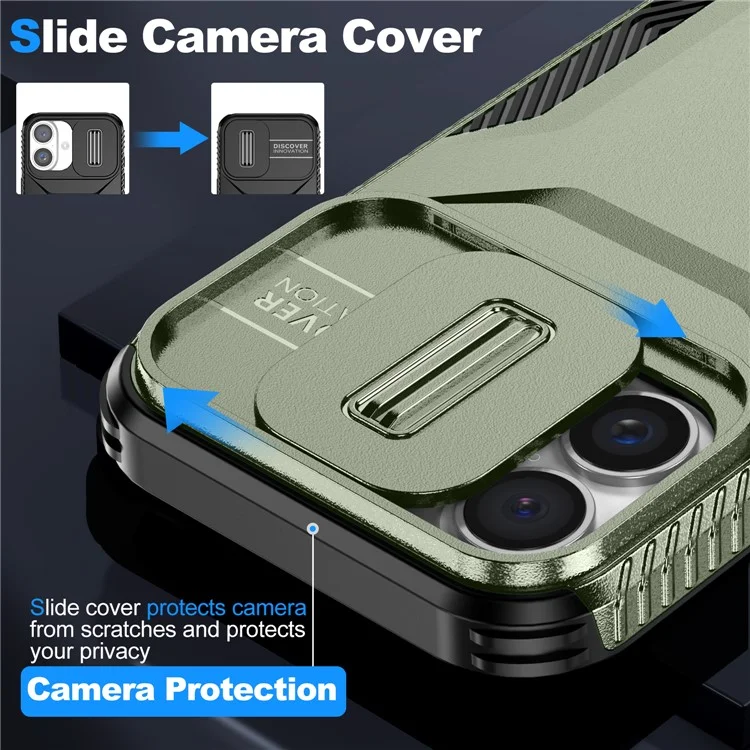 Für iPhone 16 Case TPU+PC Telefon Schutz mit Schiebe-Objektivabdeckung - Grün