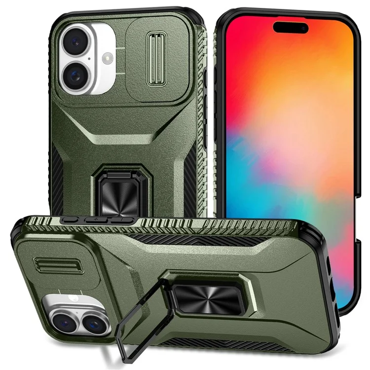 For iPhone 16 Plus Case TPU+PC Kickstand Slide Lens Lid Phone Cover - Green