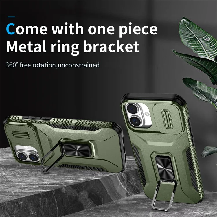 For iPhone 16 Plus Case TPU+PC Kickstand Slide Lens Lid Phone Cover - Green