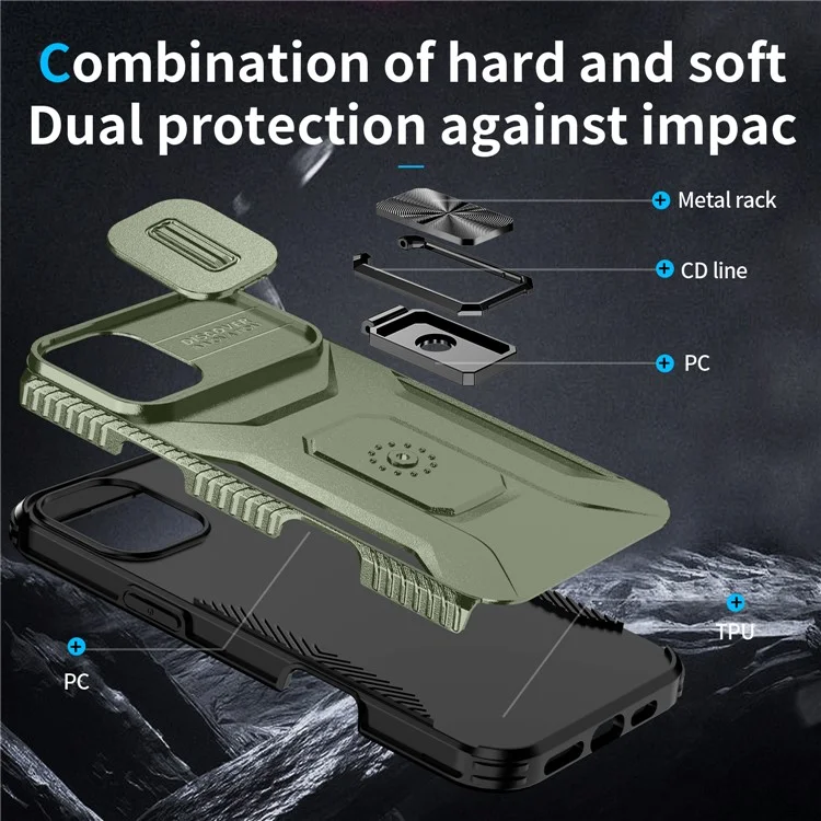 For iPhone 16 Plus Case TPU+PC Kickstand Slide Lens Lid Phone Cover - Green