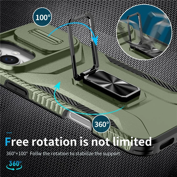 For iPhone 16 Plus Case TPU+PC Kickstand Slide Lens Lid Phone Cover - Green