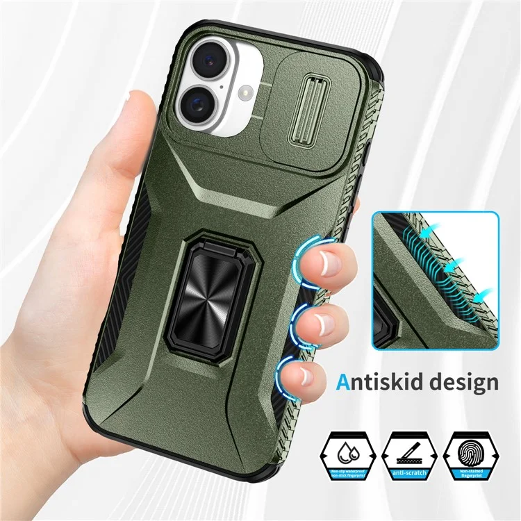 For iPhone 16 Plus Case TPU+PC Kickstand Slide Lens Lid Phone Cover - Green