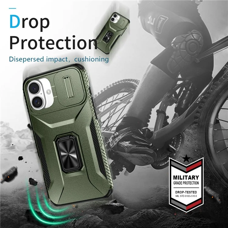 For iPhone 16 Plus Case TPU+PC Kickstand Slide Lens Lid Phone Cover - Green