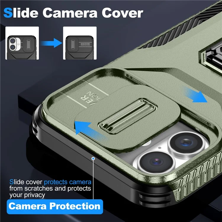 For iPhone 16 Plus Case TPU+PC Kickstand Slide Lens Lid Phone Cover - Green