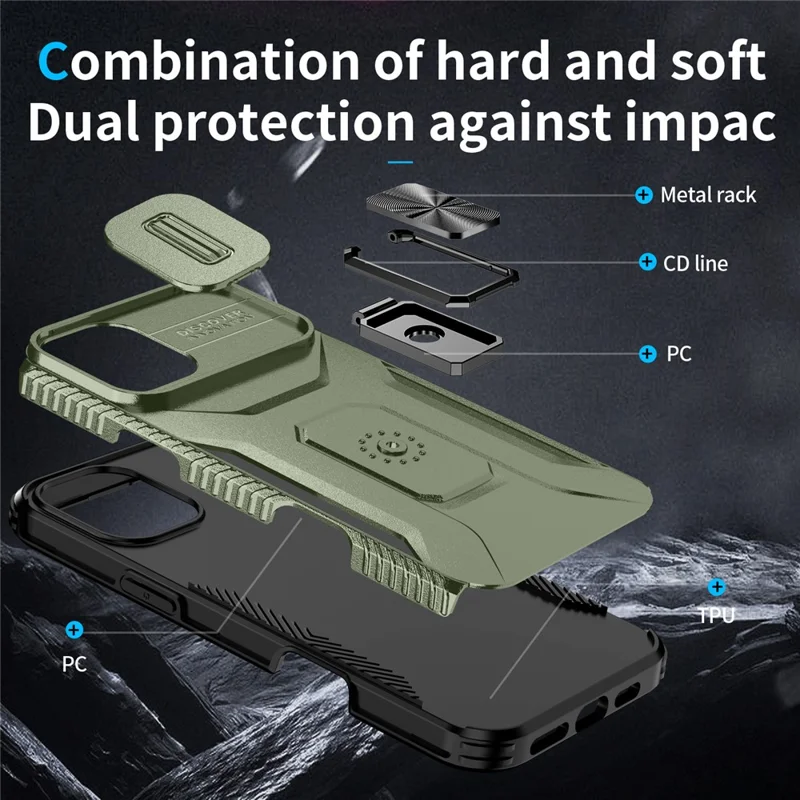 For iPhone 16 Case Camshield Kickstand TPU+PC Anti-Slip Phone Cover - Green