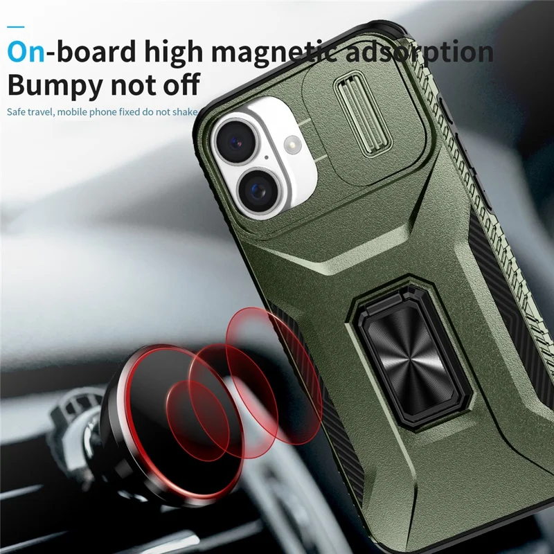 For iPhone 16 Case Camshield Kickstand TPU+PC Anti-Slip Phone Cover - Green