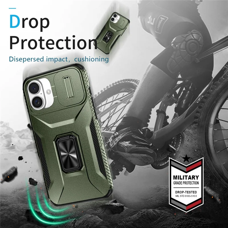 For iPhone 16 Case Camshield Kickstand TPU+PC Anti-Slip Phone Cover - Green