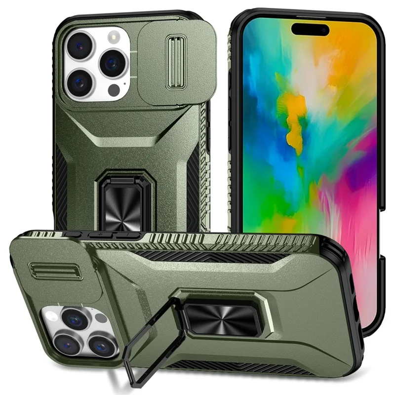 For iPhone 16 Pro Case Kickstand TPU+PC Phone Cover with Slide Lens Shield - Green