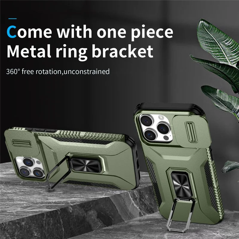 For iPhone 16 Pro Case Kickstand TPU+PC Phone Cover with Slide Lens Shield - Green