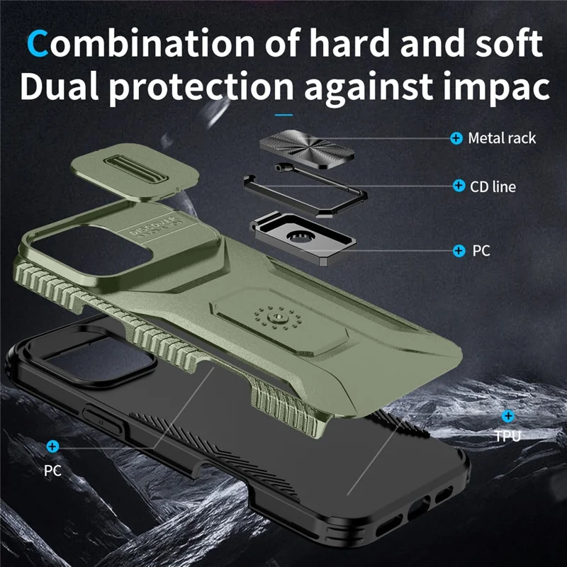 For iPhone 16 Pro Case Kickstand TPU+PC Phone Cover with Slide Lens Shield - Green