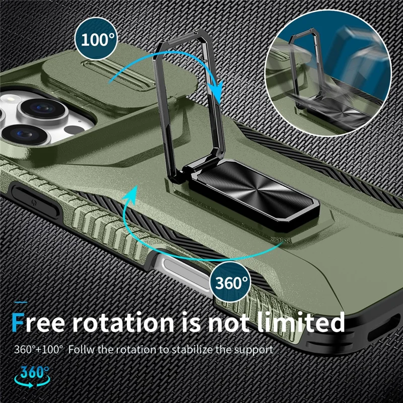 For iPhone 16 Pro Case Kickstand TPU+PC Phone Cover with Slide Lens Shield - Green