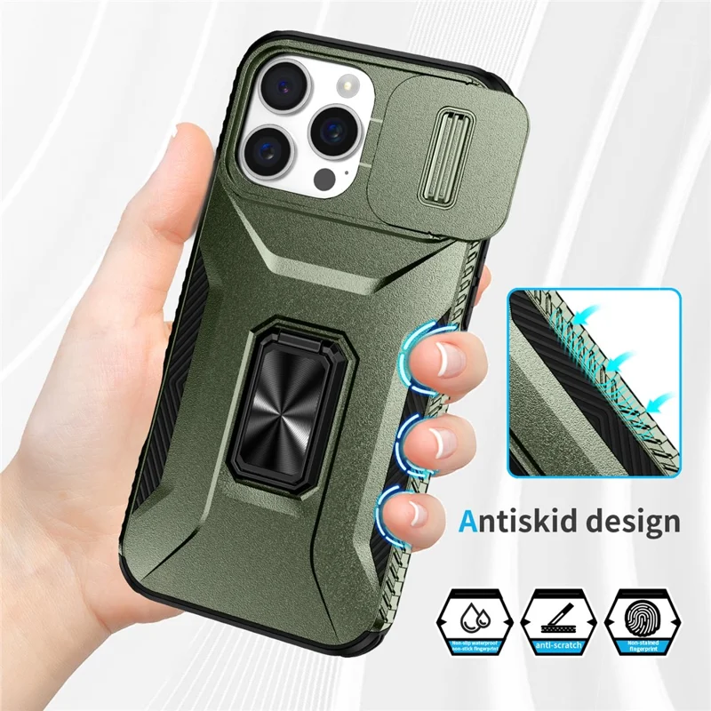 For iPhone 16 Pro Case Kickstand TPU+PC Phone Cover with Slide Lens Shield - Green
