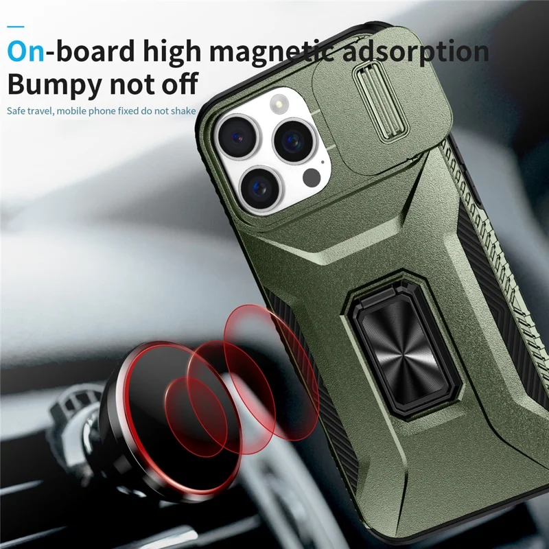 For iPhone 16 Pro Case Kickstand TPU+PC Phone Cover with Slide Lens Shield - Green