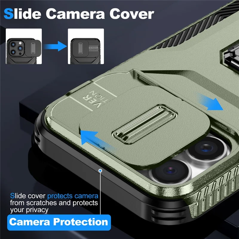 For iPhone 16 Pro Case Kickstand TPU+PC Phone Cover with Slide Lens Shield - Green