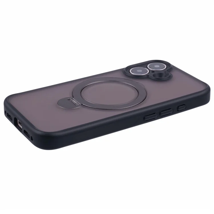 Case para iPhone 16 Plus Rotativo Suporte Magnético TPU+PC Capa de Telefone Fosca - Preto