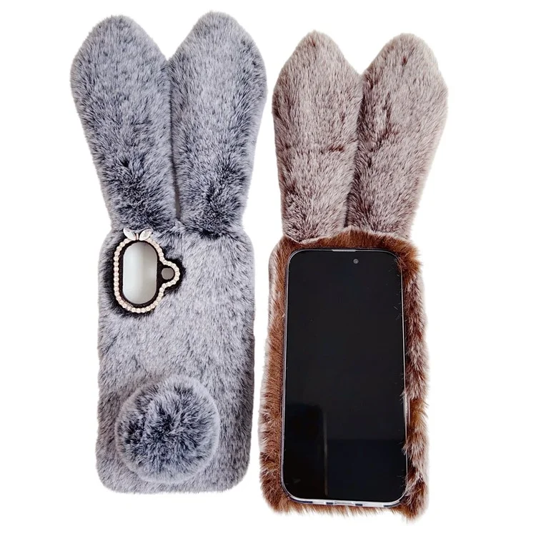 For iPhone 16 Case Bunny Ears Furry Soft Warm TPU Phone Cover - Pink