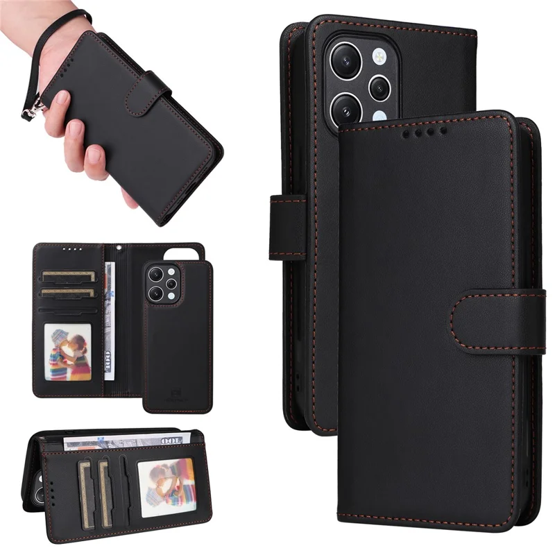 For Xiaomi Redmi 12 4G Magnetic Case BETOPNICE Detachable PU Leather Phone Cover with Strap - Black