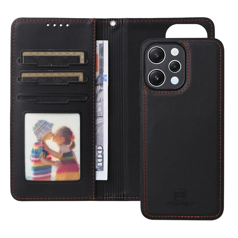 For Xiaomi Redmi 12 4G Magnetic Case BETOPNICE Detachable PU Leather Phone Cover with Strap - Black