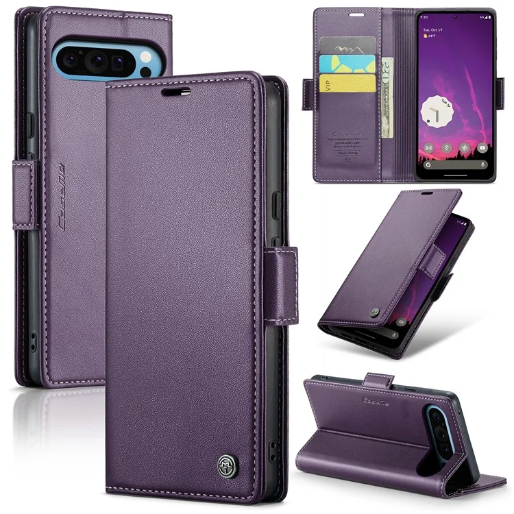 For Google Pixel 9 Pro XL Leather Case CASEME 023 RFID Blocking 3 Card Slot Mobile Cover - Purple