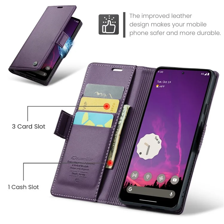 For Google Pixel 9 Pro XL Leather Case CASEME 023 RFID Blocking 3 Card Slot Mobile Cover - Purple
