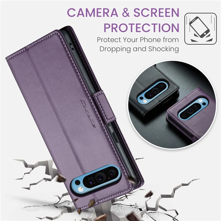 For Google Pixel 9 Pro XL Leather Case CASEME 023 RFID Blocking 3 Card Slot Mobile Cover - Purple