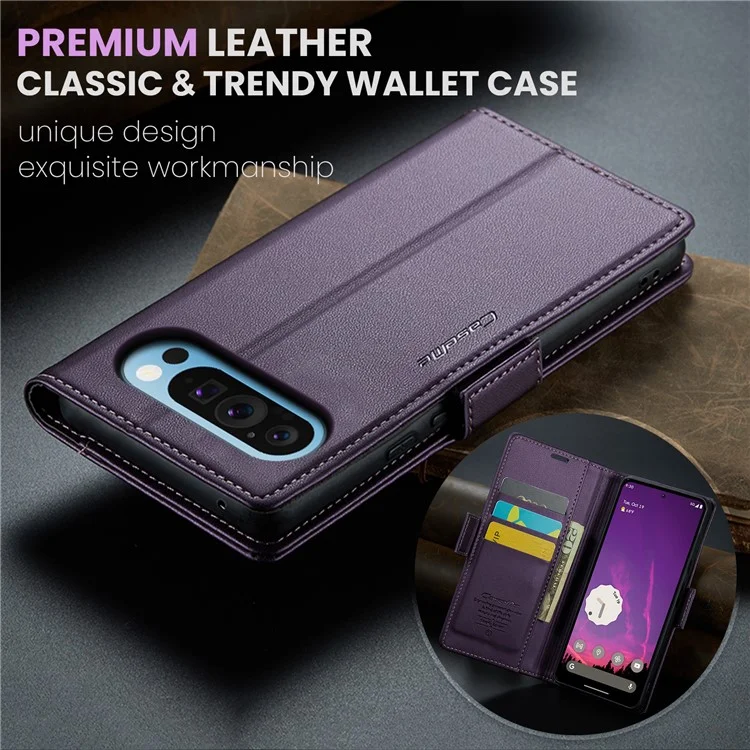 For Google Pixel 9 Pro XL Leather Case CASEME 023 RFID Blocking 3 Card Slot Mobile Cover - Purple