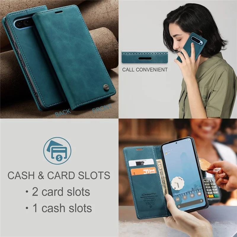 Capa para Google Pixel 9 Pro XL da série 013 da CASEME com suporte para cartão e cobertura de telefone de couro - Azul